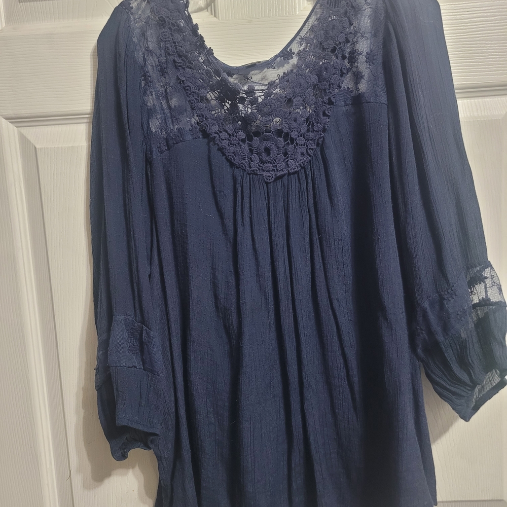 Hannah Deep Blue Lace Accent Blouse
